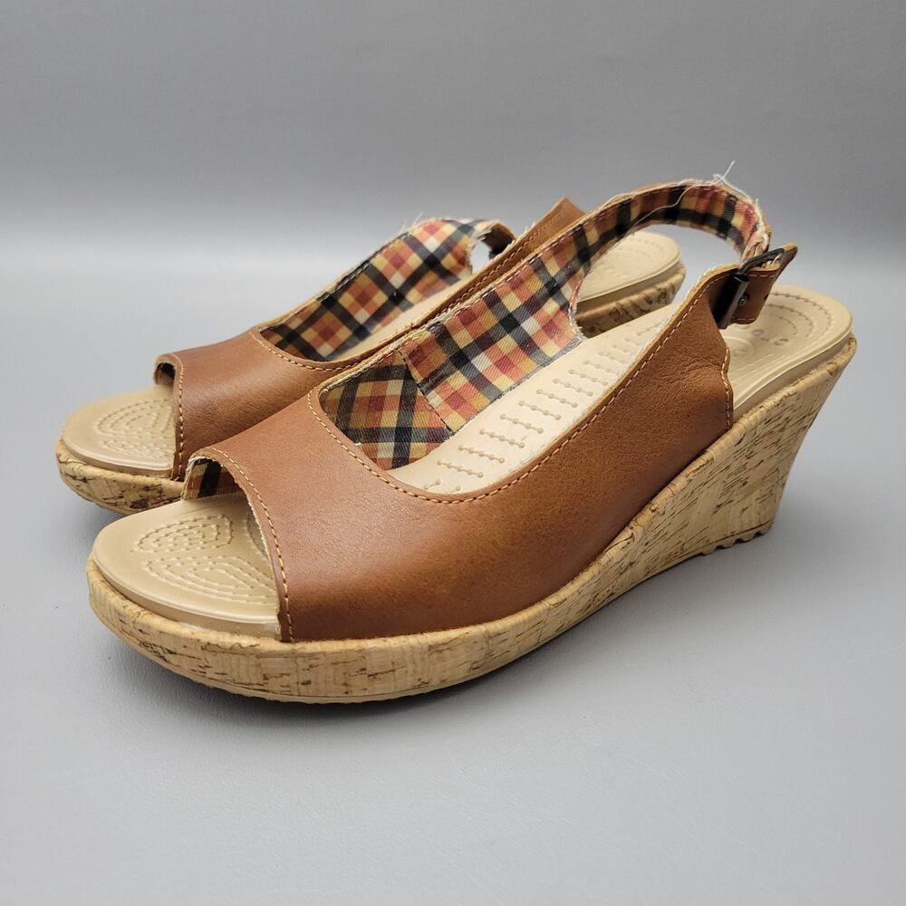 Crocs Women's A Leigh Cork Wedge Sandals Sz 8 Slingback Peep-Toe Brown Leather